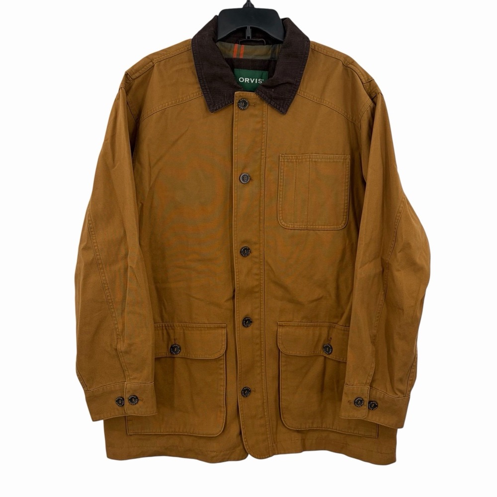 Orvis Field Coat Flannel Lined Barn Jacket Men's L Tan Corduroy Button Full Zip